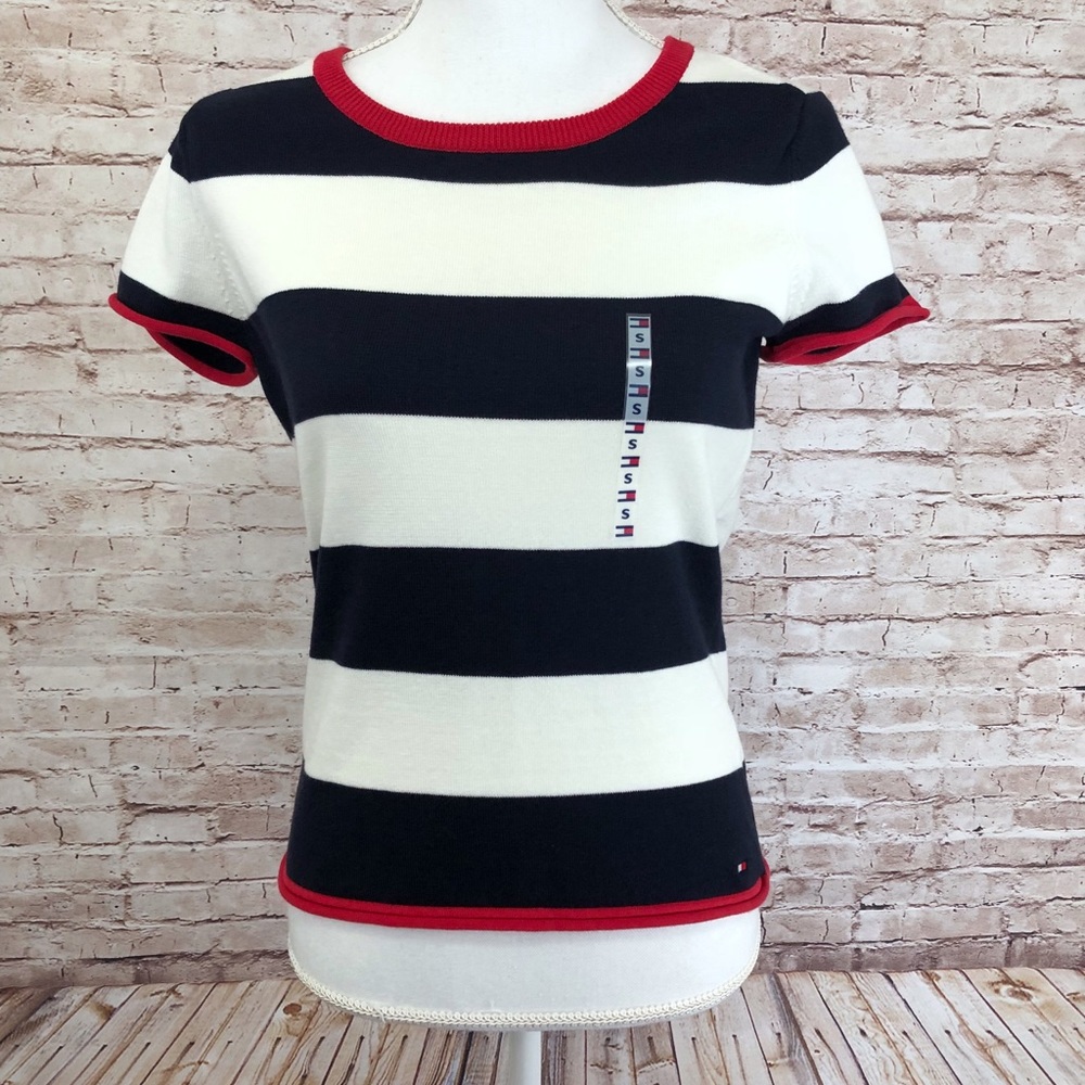 Tommy Hilfiger Striped Short Sleeve Sweater Scoop Neck Petite SP NWT
